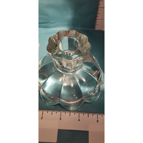 Vintage Clear Pressed Glass Candle Holder – Ribbed Floral Base Taper Holder - Picture 3 of 7